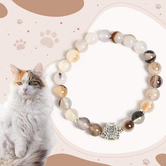 Wear FengShui 925 Sterling Silver Calico Cat Natural Agate Stone Protection Bracelet