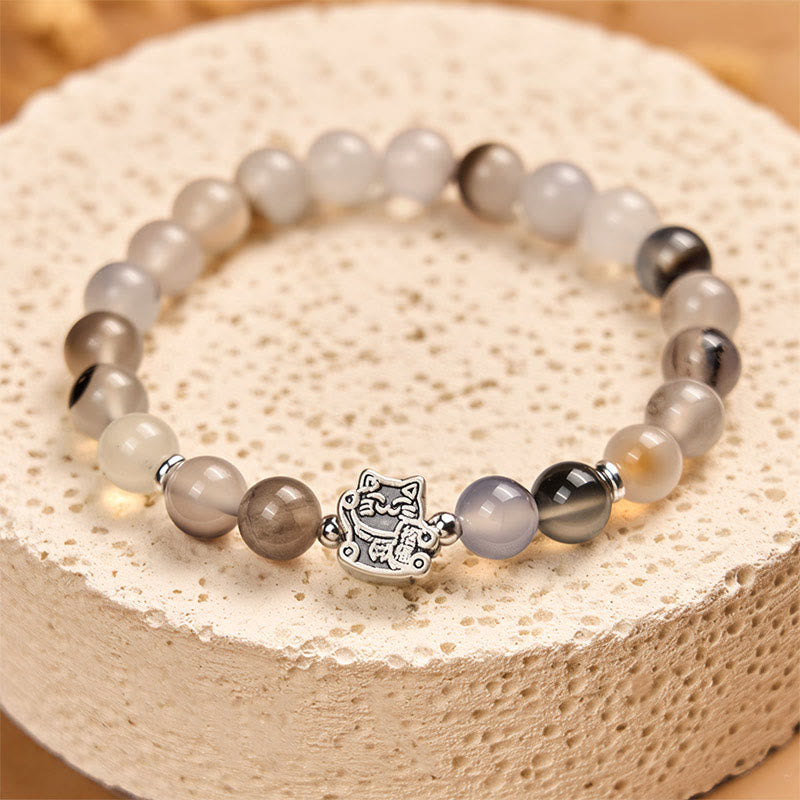 Wear FengShui 925 Sterling Silver Calico Cat Natural Agate Stone Protection Bracelet