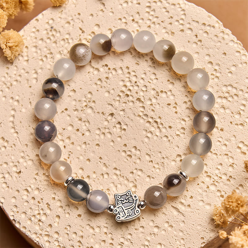 Wear FengShui 925 Sterling Silver Calico Cat Natural Agate Stone Protection Bracelet