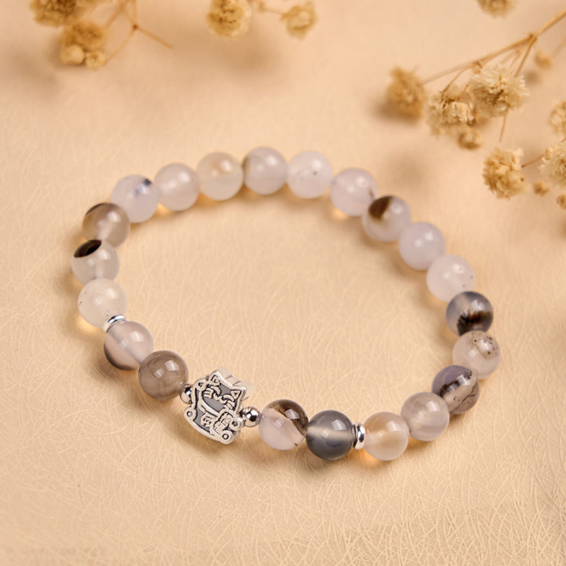 Wear FengShui 925 Sterling Silver Calico Cat Natural Agate Stone Protection Bracelet