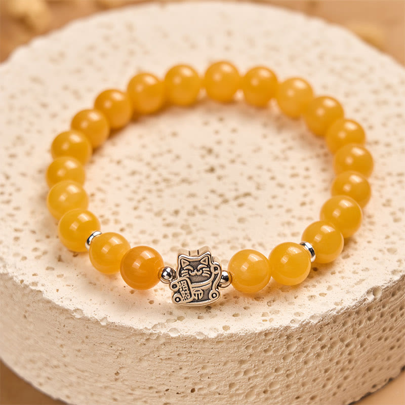 Wear FengShui 925 Sterling Silver Orange Tabby Cat Yellow Chalcedony Positivity Bracelet