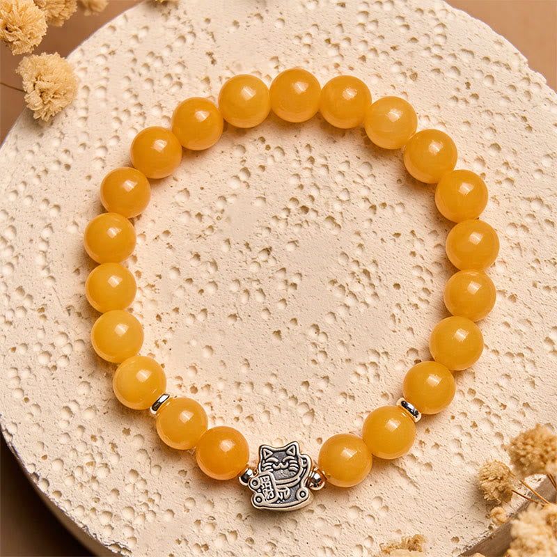 Wear FengShui 925 Sterling Silver Orange Tabby Cat Yellow Chalcedony Positivity Bracelet