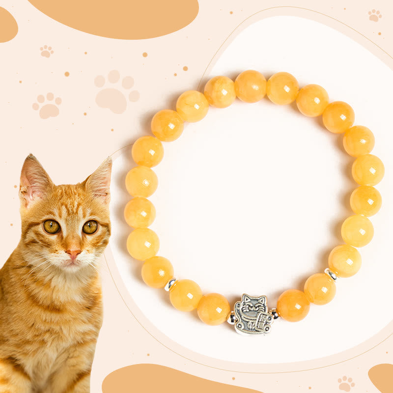 Wear FengShui 925 Sterling Silver Orange Tabby Cat Yellow Chalcedony Positivity Bracelet