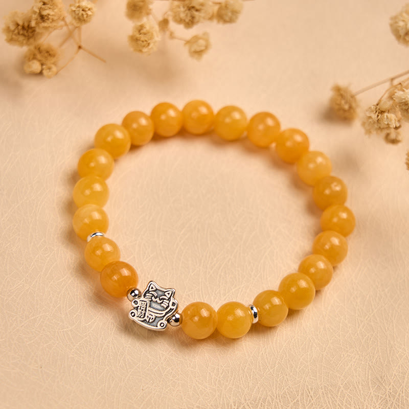 Wear FengShui 925 Sterling Silver Orange Tabby Cat Yellow Chalcedony Positivity Bracelet