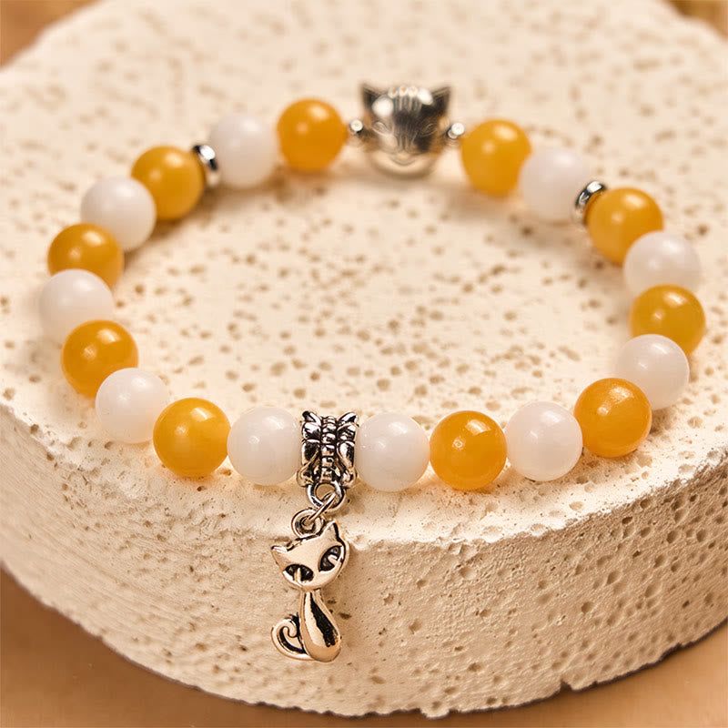 Wear FengShui Orange White Tabby Cat Yellow Chalcedony White Chalcedony Peace Bracelet