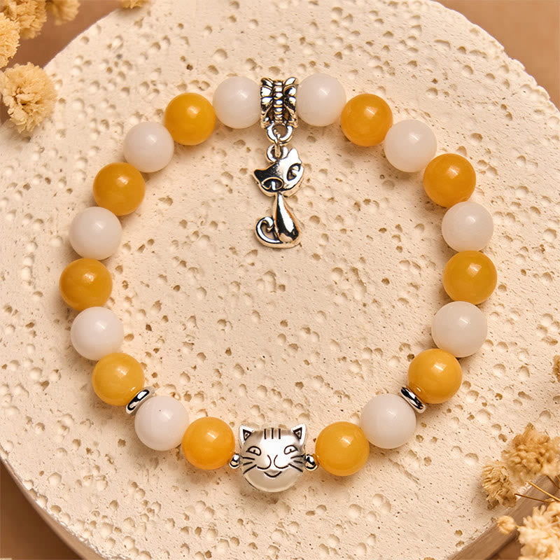 Wear FengShui Orange White Tabby Cat Yellow Chalcedony White Chalcedony Peace Bracelet