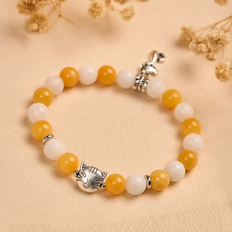 Wear FengShui Orange White Tabby Cat Yellow Chalcedony White Chalcedony Peace Bracelet