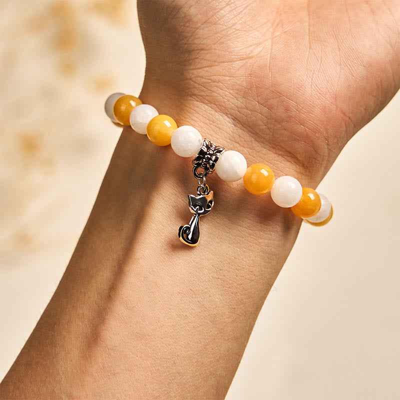 Wear FengShui Orange White Tabby Cat Yellow Chalcedony White Chalcedony Peace Bracelet