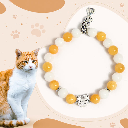 Wear FengShui Orange White Tabby Cat Yellow Chalcedony White Chalcedony Peace Bracelet