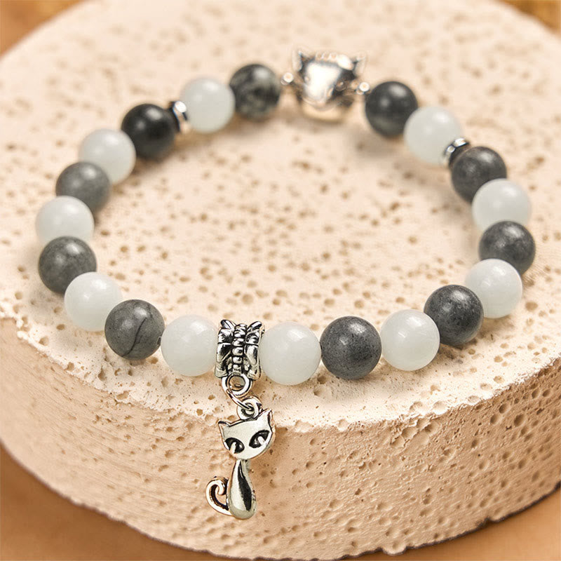 Wear FengShui Grey Tabby Cat Natural Black Veined Jasper White Chalcedony Stability Bracelet