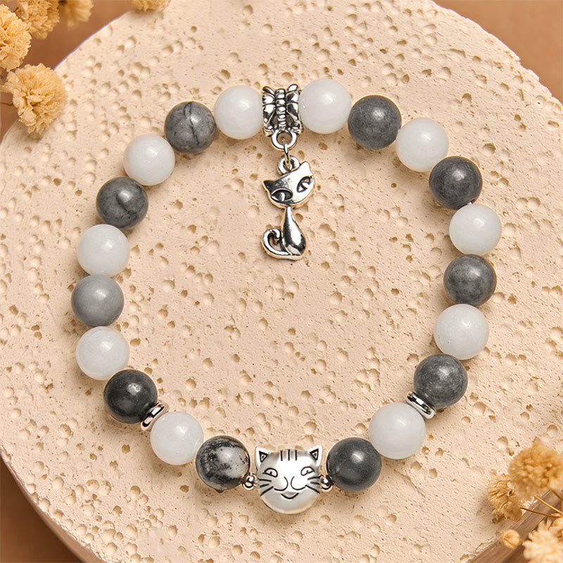 Wear FengShui Grey Tabby Cat Natural Black Veined Jasper White Chalcedony Stability Bracelet