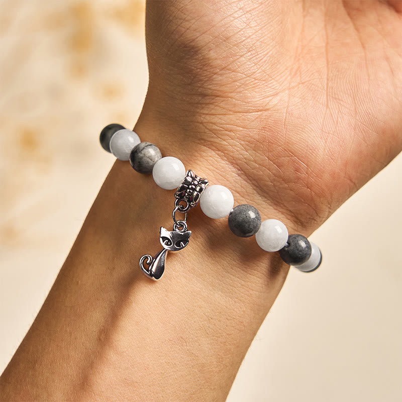 Wear FengShui Grey Tabby Cat Natural Black Veined Jasper White Chalcedony Stability Bracelet
