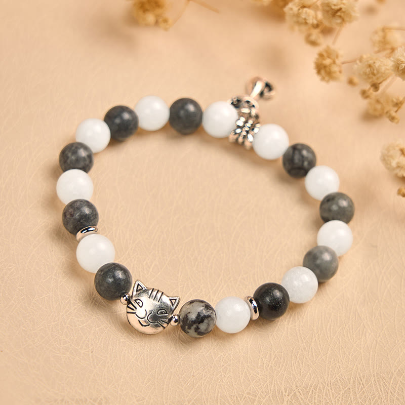 Wear FengShui Grey Tabby Cat Natural Black Veined Jasper White Chalcedony Stability Bracelet