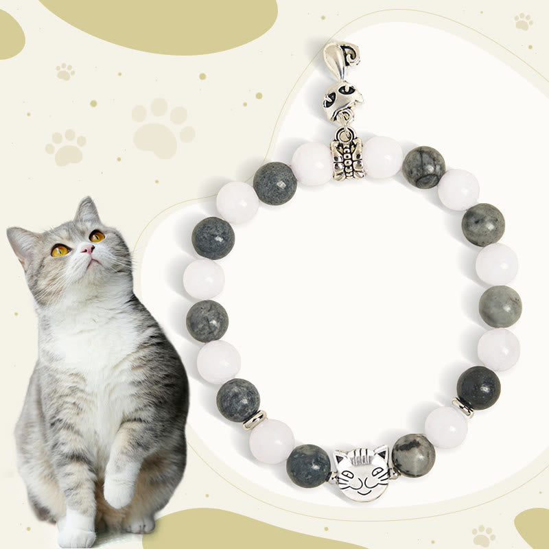 Wear FengShui Grey Tabby Cat Natural Black Veined Jasper White Chalcedony Stability Bracelet