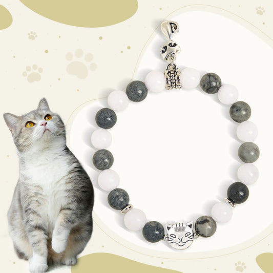 Wear FengShui Grey Tabby Cat Natural Black Veined Jasper White Chalcedony Stability Bracelet