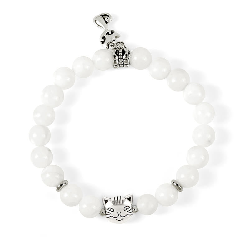 Wear FengShui White Cat Natural White Chalcedony Bead Positive Bracelet