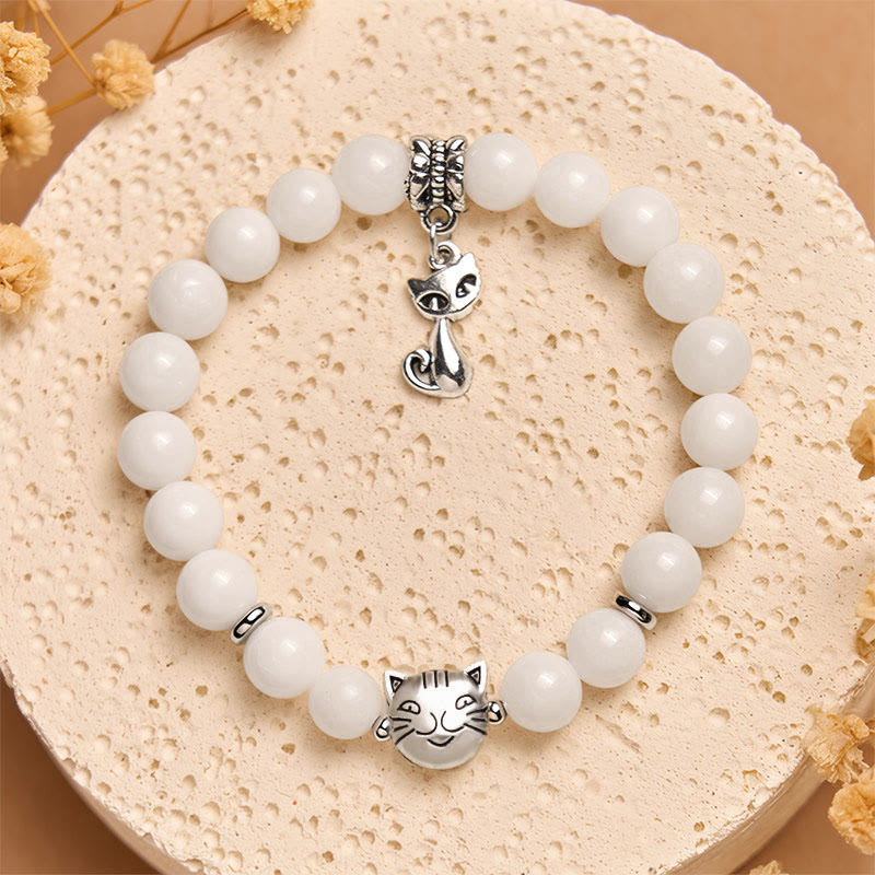 Wear FengShui White Cat Natural White Chalcedony Bead Positive Bracelet