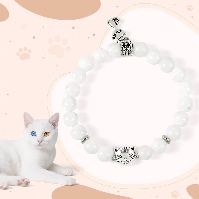 Wear FengShui White Cat Natural White Chalcedony Bead Positive Bracelet
