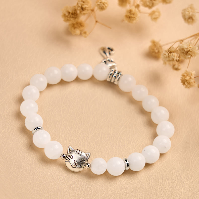 Wear FengShui White Cat Natural White Chalcedony Bead Positive Bracelet