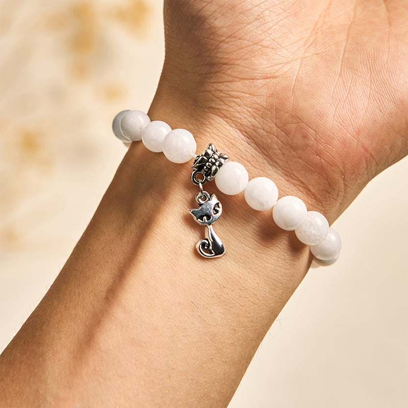 Wear FengShui White Cat Natural White Chalcedony Bead Positive Bracelet