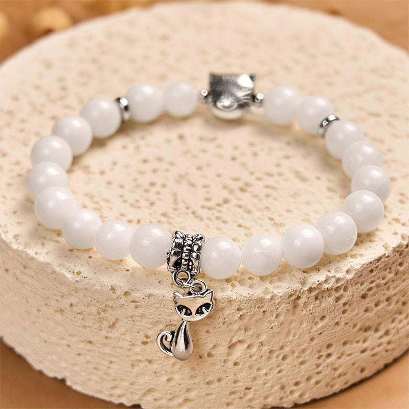 Wear FengShui White Cat Natural White Chalcedony Bead Positive Bracelet