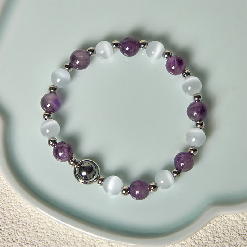 Wear FengShui Natural Amethyst White Cat's Eye Beads Balance Bracelet