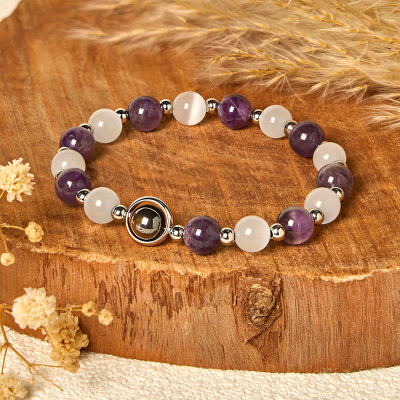 Wear FengShui Natural Amethyst White Cat's Eye Beads Balance Bracelet
