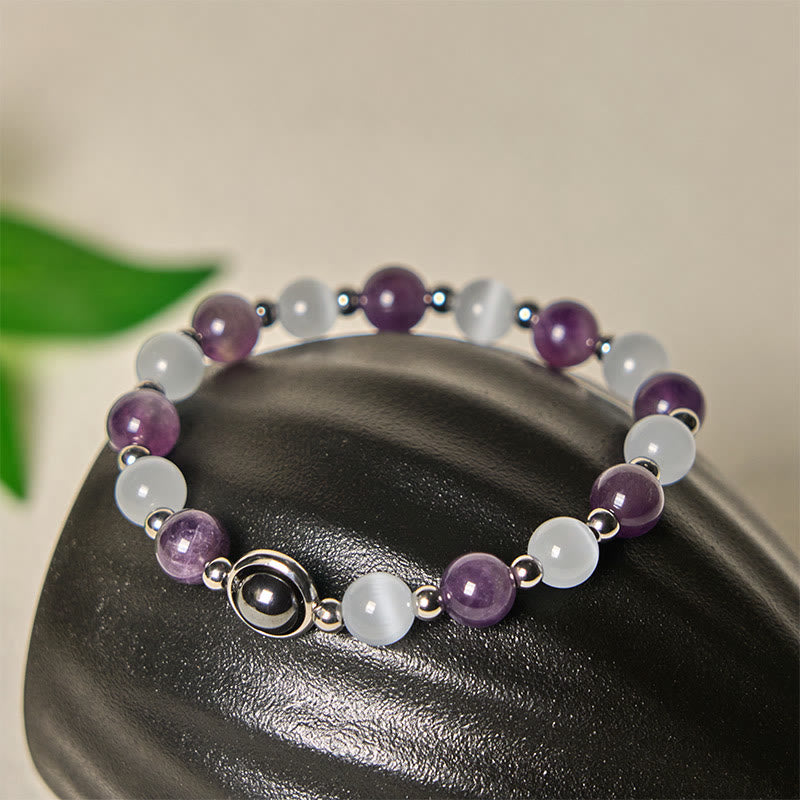 Wear FengShui Natural Amethyst White Cat's Eye Beads Balance Bracelet
