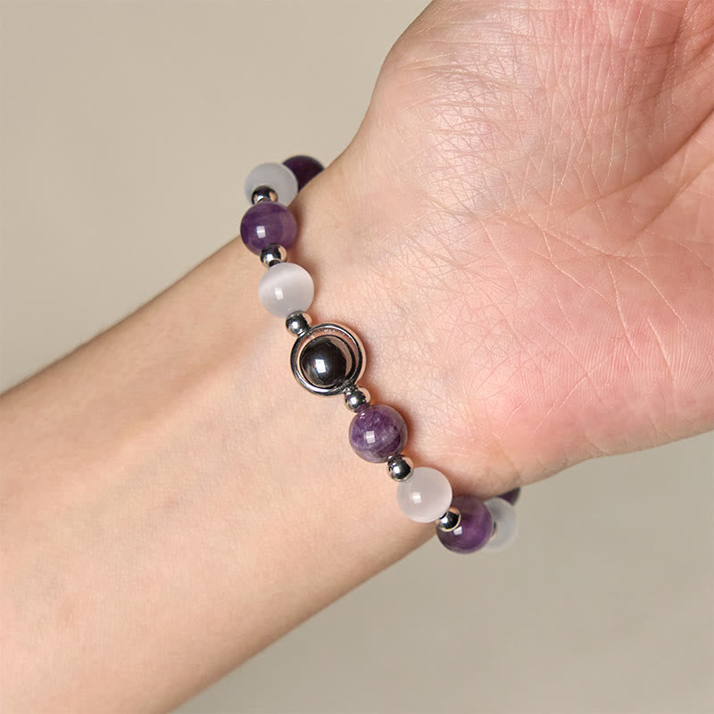 Wear FengShui Natural Amethyst White Cat's Eye Beads Balance Bracelet