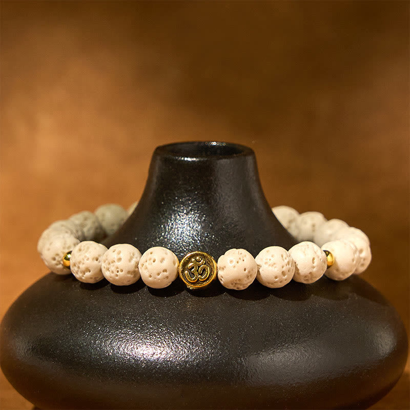 Wear FengShui White Lava Rock Om Symbol Healing Calm Bracelet