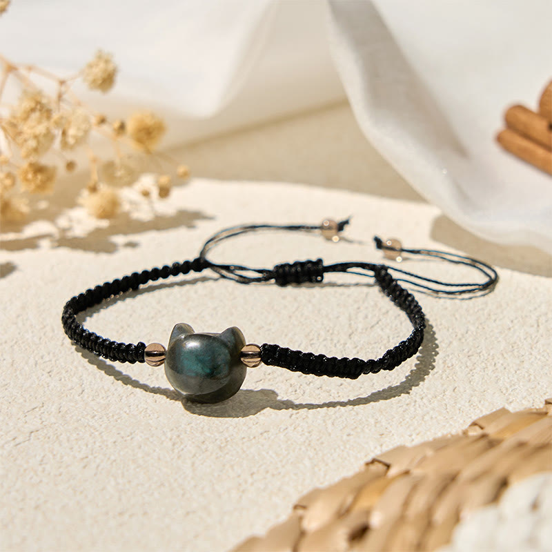 Wear FengShui Natural Labradorite Cute Cat Head Black Rope Healing Bracelet
