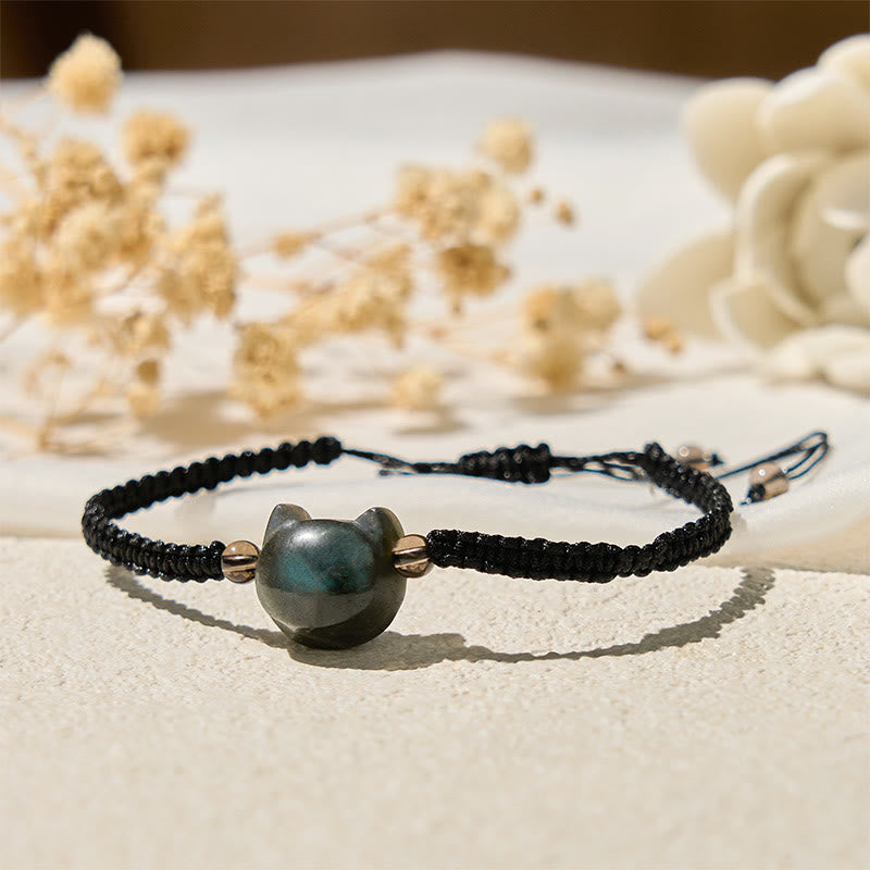 Wear FengShui Natural Labradorite Cute Cat Head Black Rope Healing Bracelet