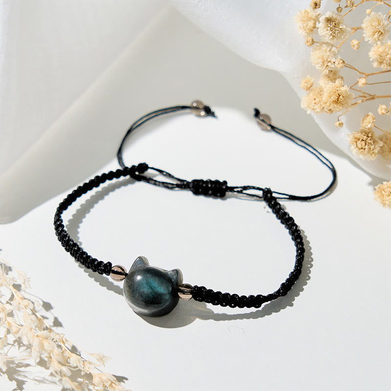 Wear FengShui Natural Labradorite Cute Cat Head Black Rope Healing Bracelet