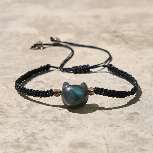 Wear FengShui Natural Labradorite Cute Cat Head Black Rope Healing Bracelet