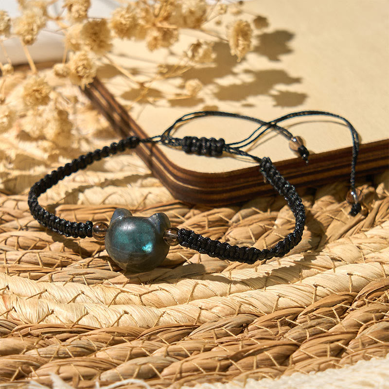 Wear FengShui Natural Labradorite Cute Cat Head Black Rope Healing Bracelet
