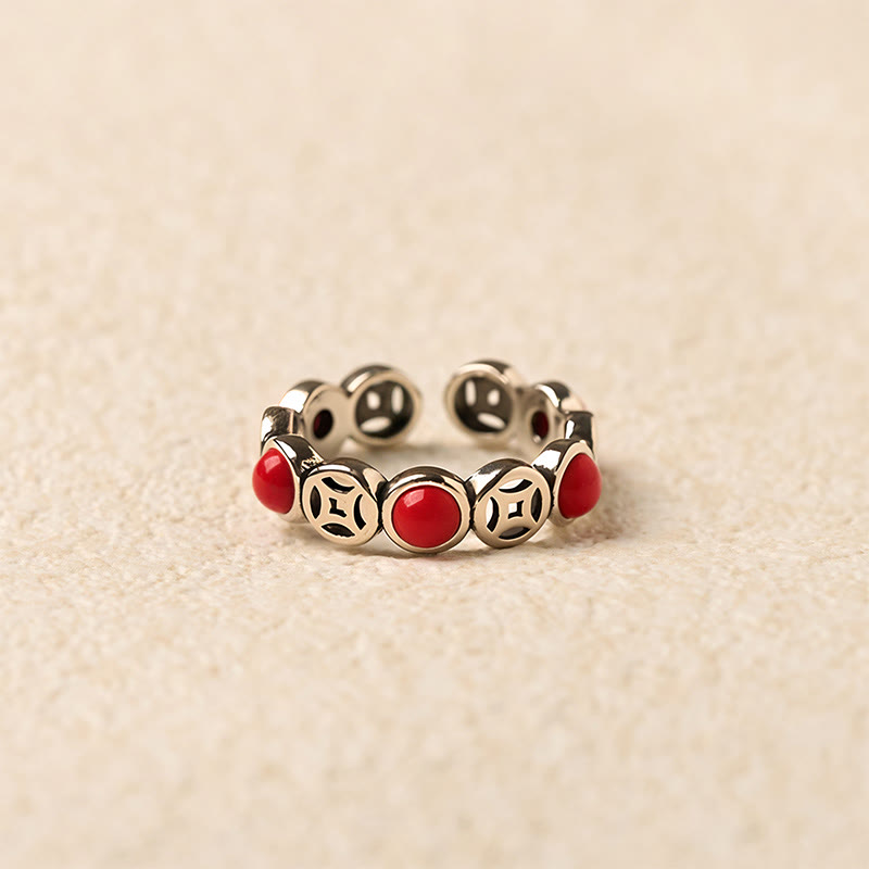 Wear FengShui Jade South Red Agate Copper Coin Prosperity Luck Open Ring