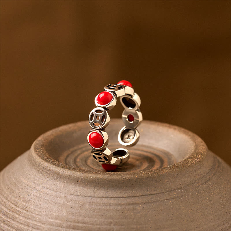 Wear FengShui Jade South Red Agate Copper Coin Prosperity Luck Open Ring