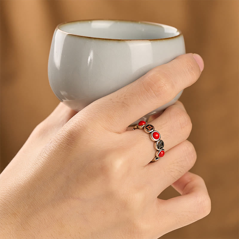 Wear FengShui Jade South Red Agate Copper Coin Prosperity Luck Open Ring