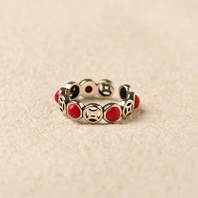 Wear FengShui Jade South Red Agate Copper Coin Prosperity Luck Open Ring