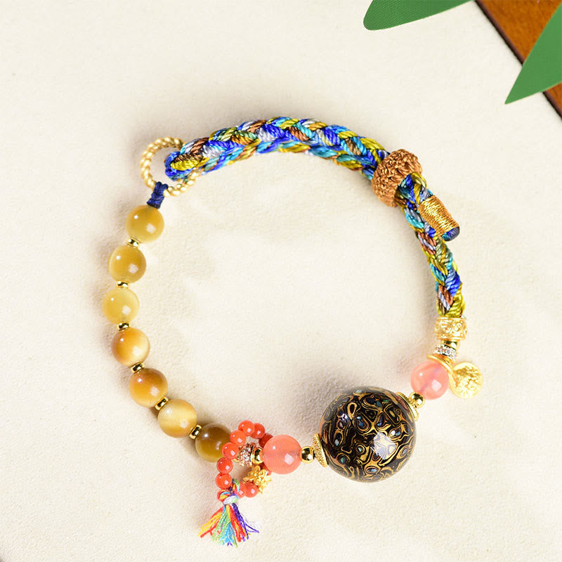Wear FengShui Tibetan  Lacquer Bead Hand-woven Tiger Eye Stone Protection Bracelet