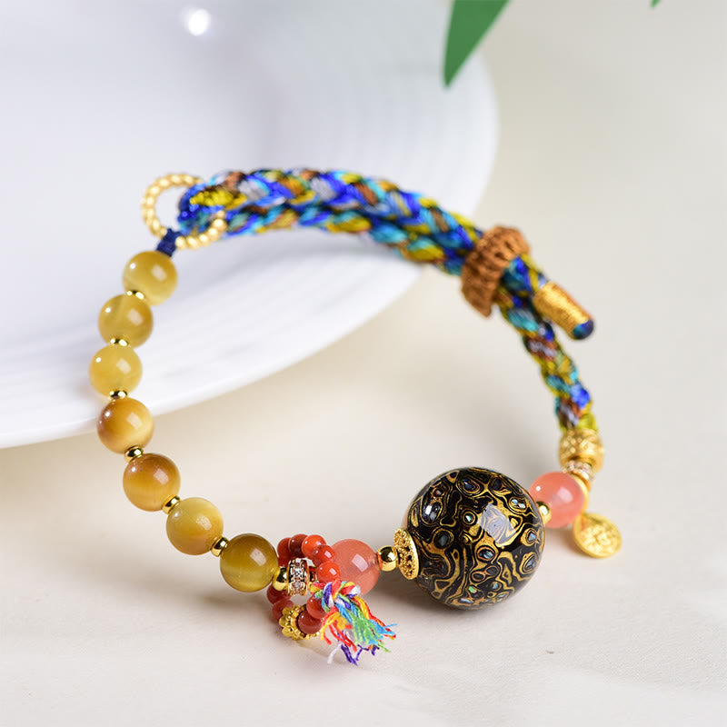 Wear FengShui Tibetan  Lacquer Bead Hand-woven Tiger Eye Stone Protection Bracelet