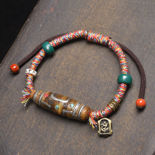 Wear FengShui Handcrafted Tibetan Nine-eye Dzi Bead Protection Rope Bracelet