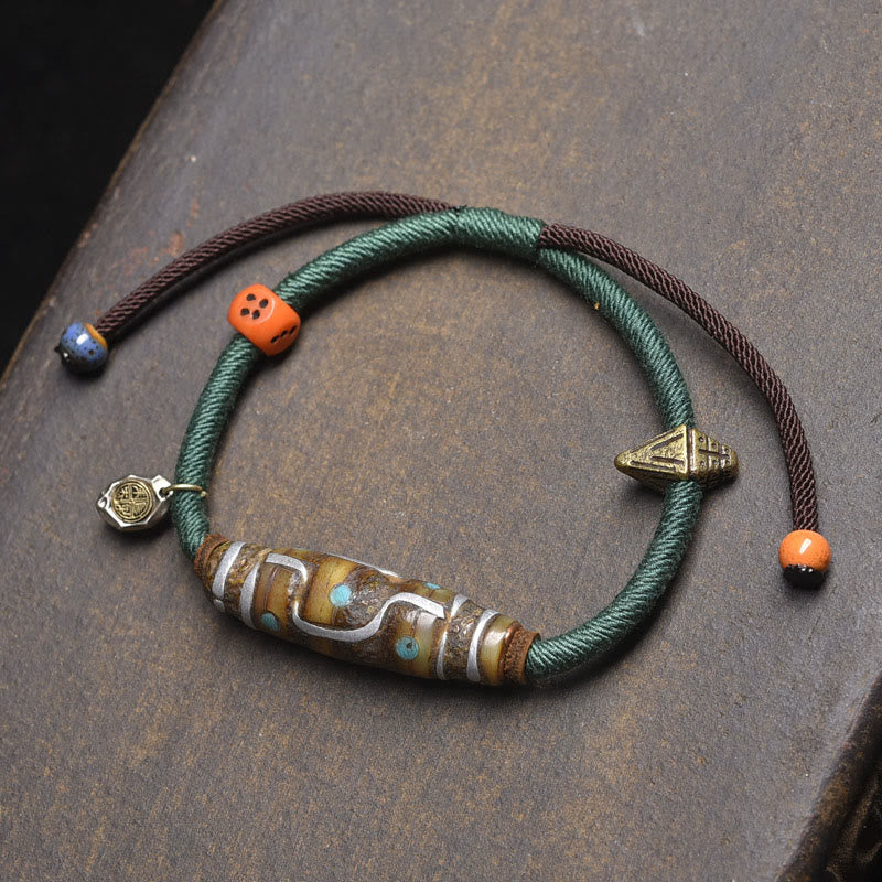 Wear FengShui Handcrafted Tibetan Nine-eye Dzi Bead Protection Rope Bracelet