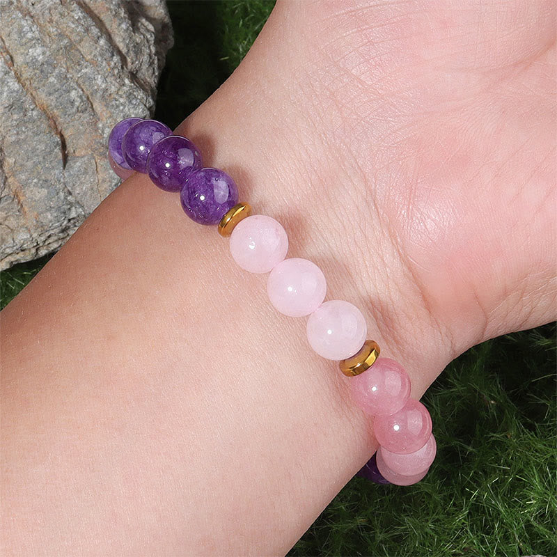 Wear FengShui Amethyst Strawberry Quartz Pink Crystal Beads Love Peace Bracelet