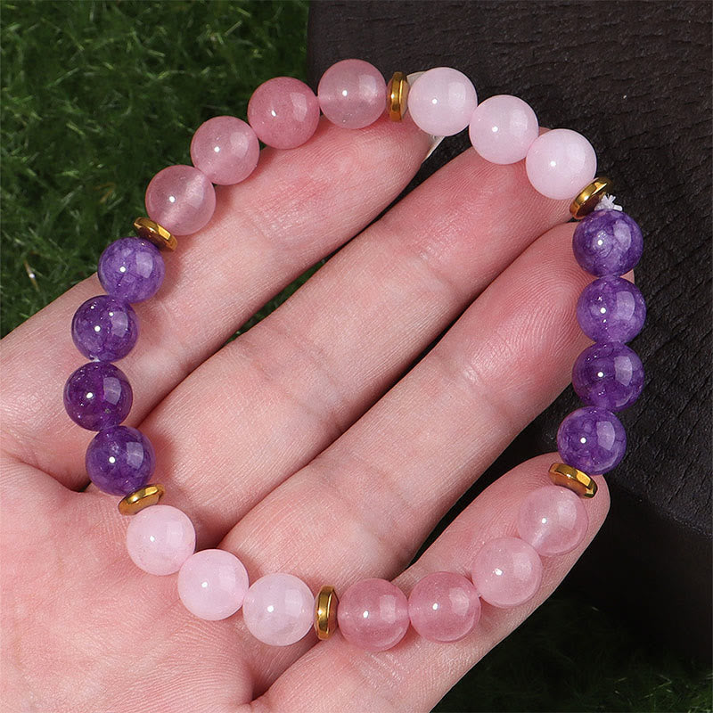 Wear FengShui Amethyst Strawberry Quartz Pink Crystal Beads Love Peace Bracelet