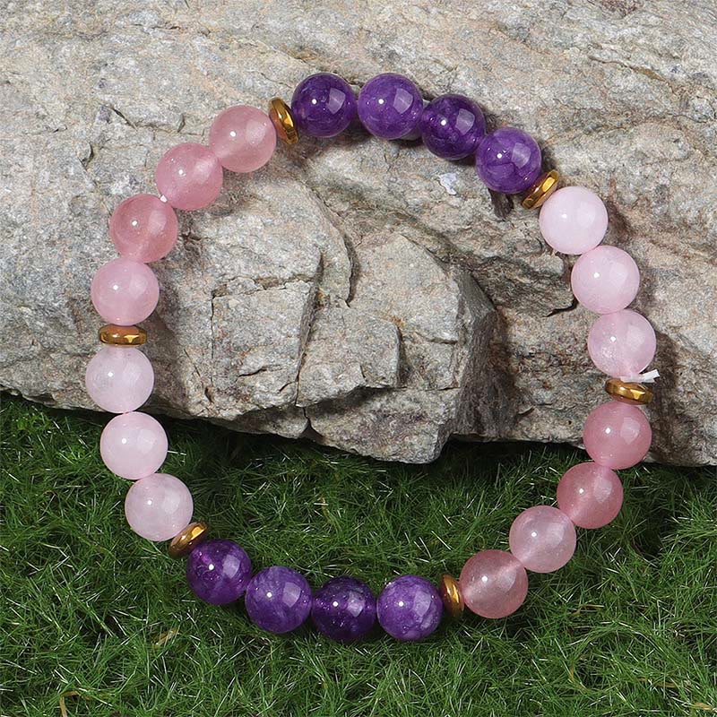 Wear FengShui Amethyst Strawberry Quartz Pink Crystal Beads Love Peace Bracelet