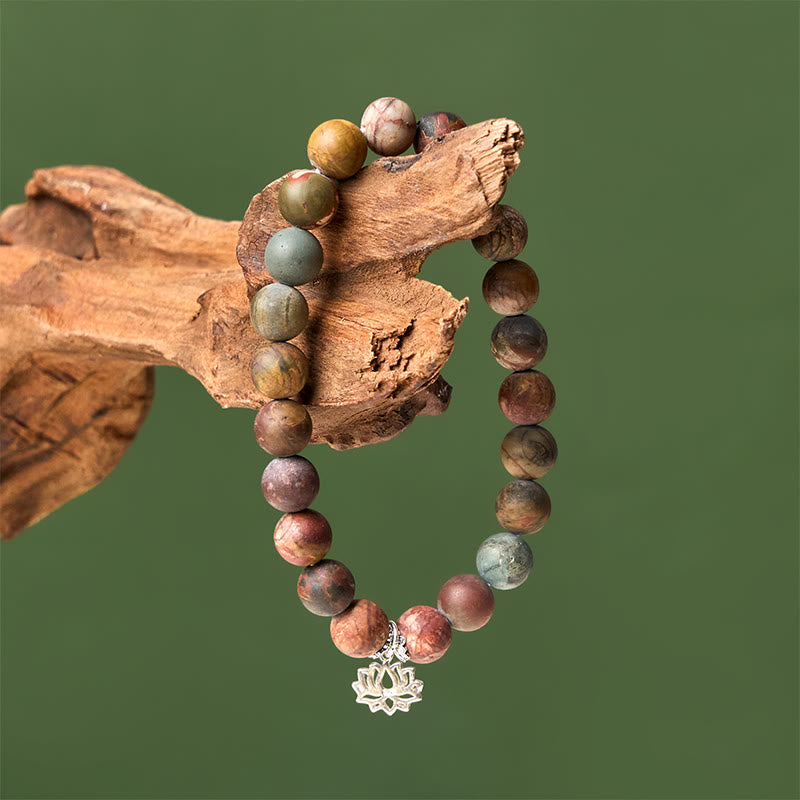 Wear FengShui 925 Sterling Silver Lotus Design Picasso Jasper Positive Bracelet