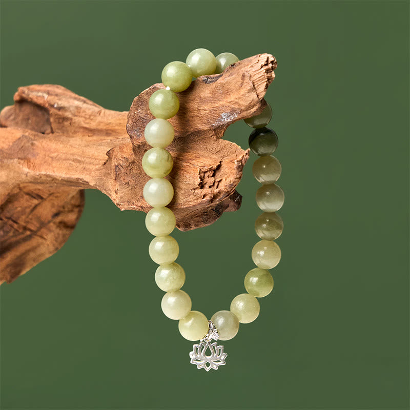 Wear FengShui 925 Sterling Silver Lotus Natural Cyan Jade Luck Bracelet
