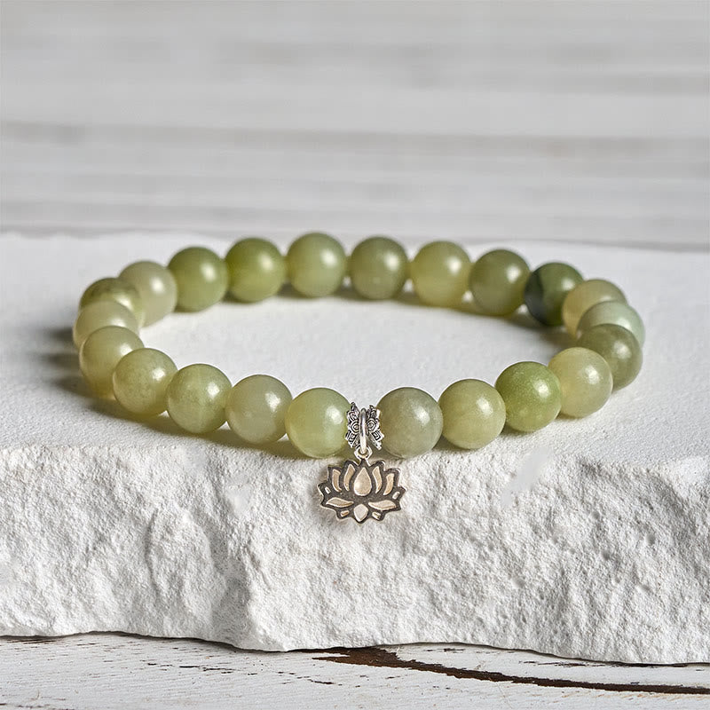 Wear FengShui 925 Sterling Silver Lotus Natural Cyan Jade Luck Bracelet