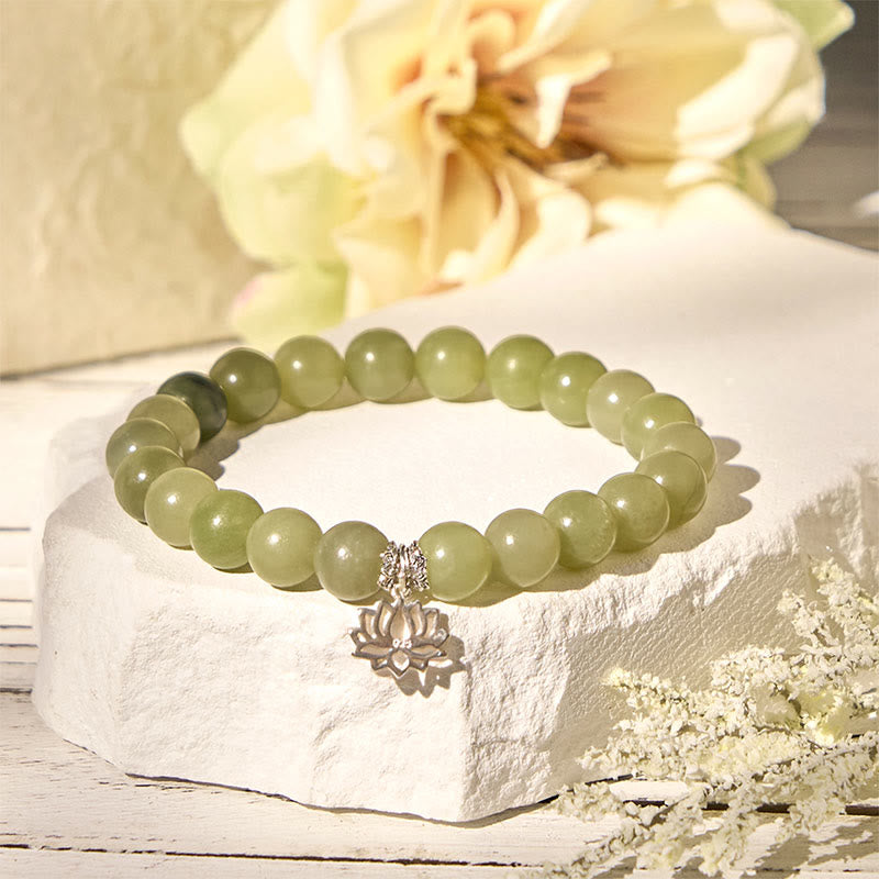 Wear FengShui 925 Sterling Silver Lotus Natural Cyan Jade Luck Bracelet
